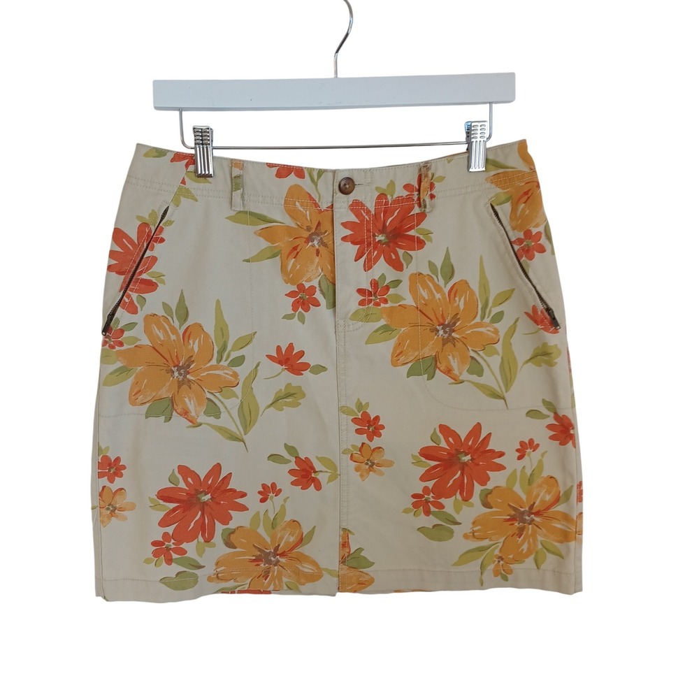 Eddie Bauer Womens Floral Stretch Cotton Skirt‎ Beige Orange Tropical Size 8